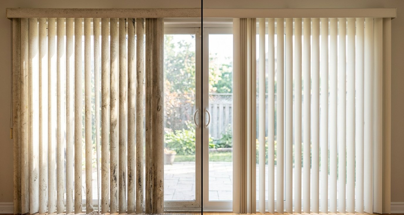Vertical blinds before and after cleaning — handprints and dust removed
