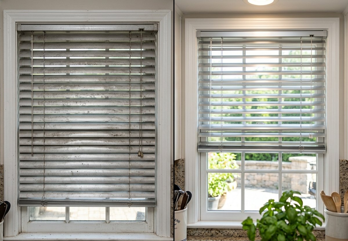 Horizontal venetian blinds before and after cleaning — kitchen grease and buildup removed