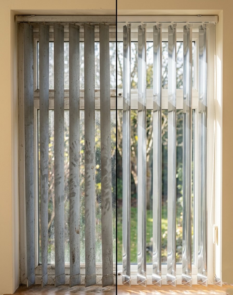 Vertical fabric blinds before and after cleaning — mould and moisture stains removed