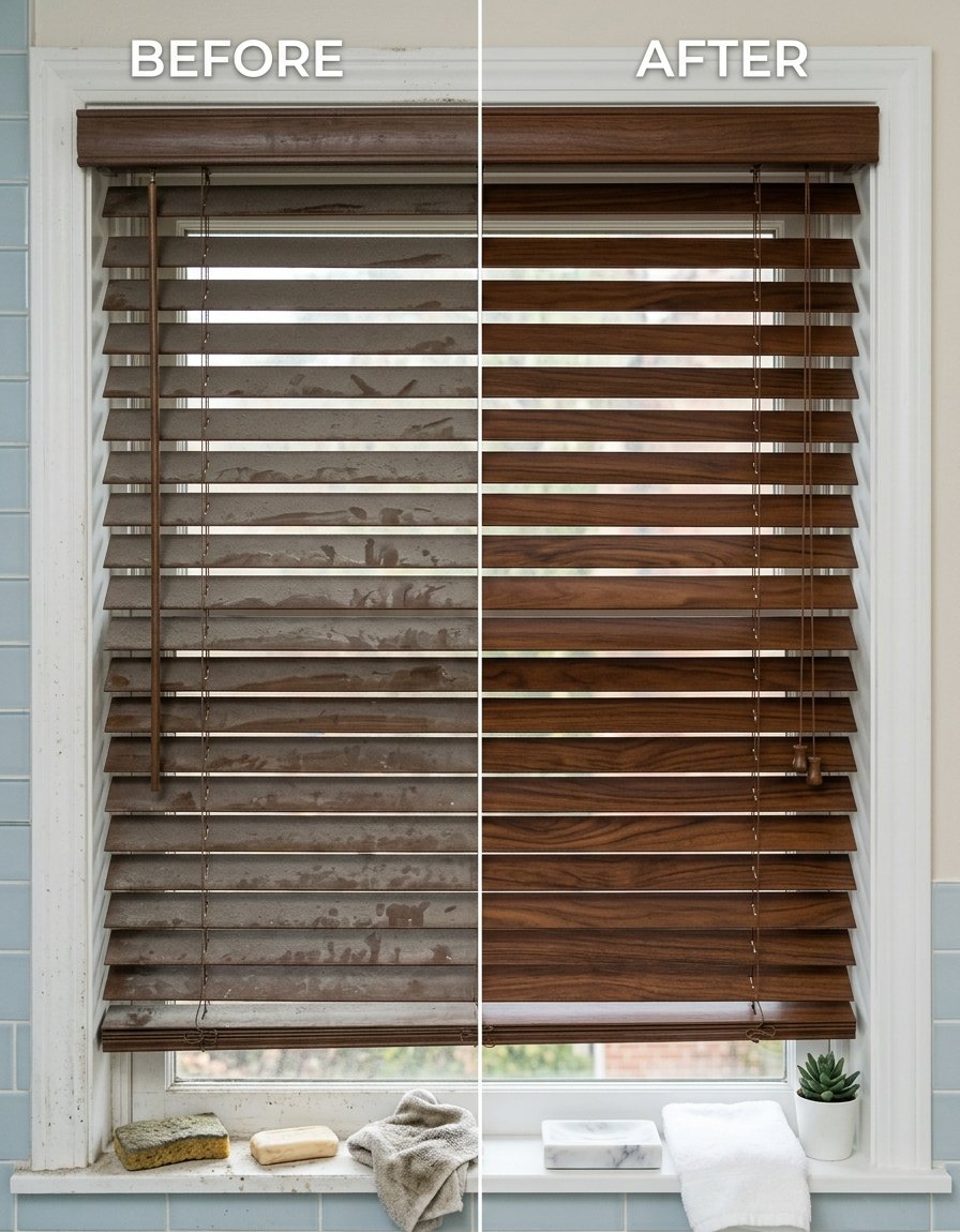 Wood blinds before and after cleaning — dust, stains and discolouration removed